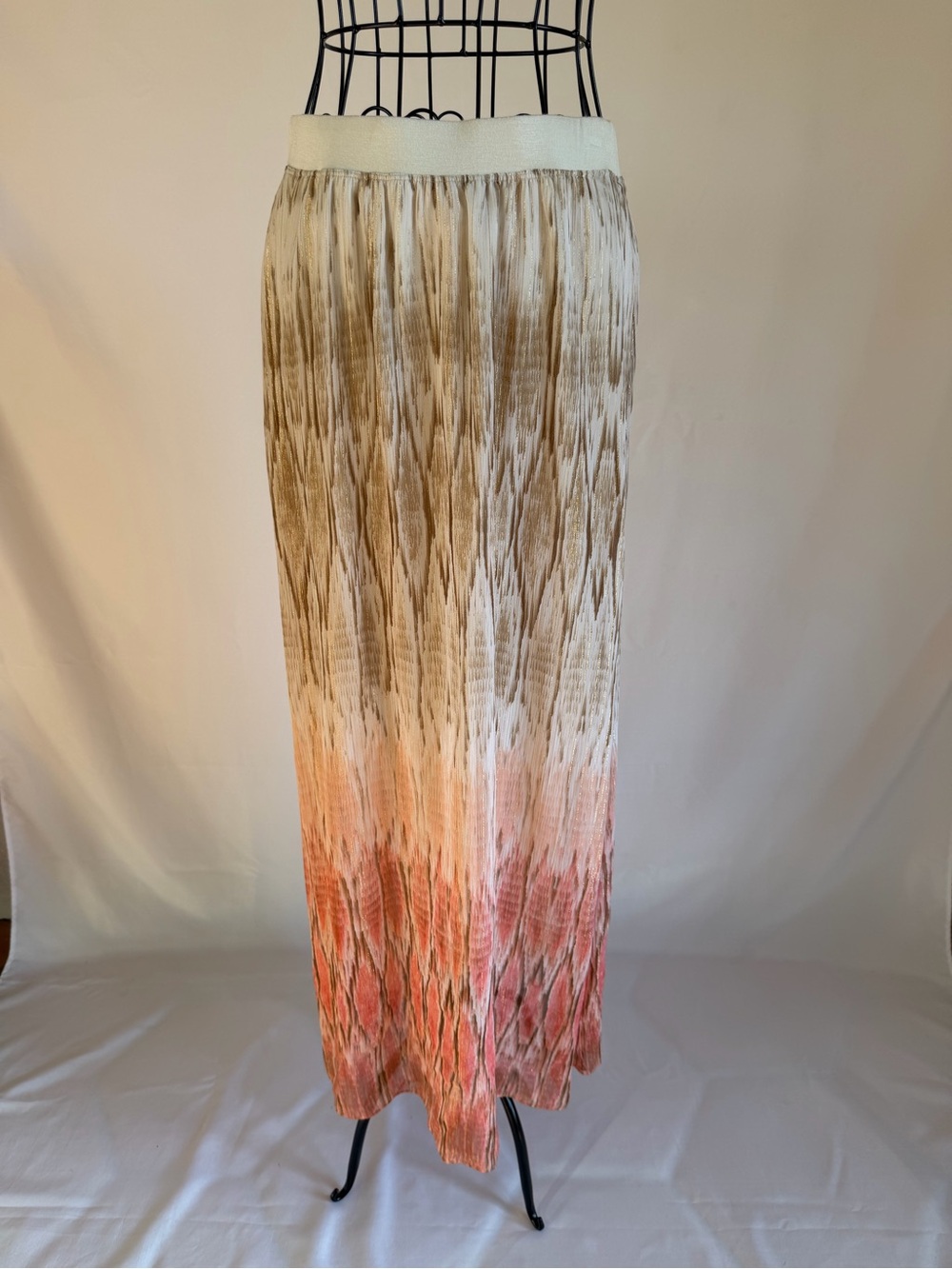 Chico's Ombre Pleated Maxi Skirt in Beige and Coral